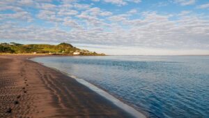 Beach In Raglan With Rolling Hills New Zealand