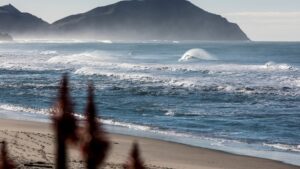 Beach with mountains in the background in Gisborne.
