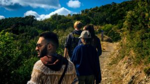 Group Of Four Walking On Trail In New Zealand