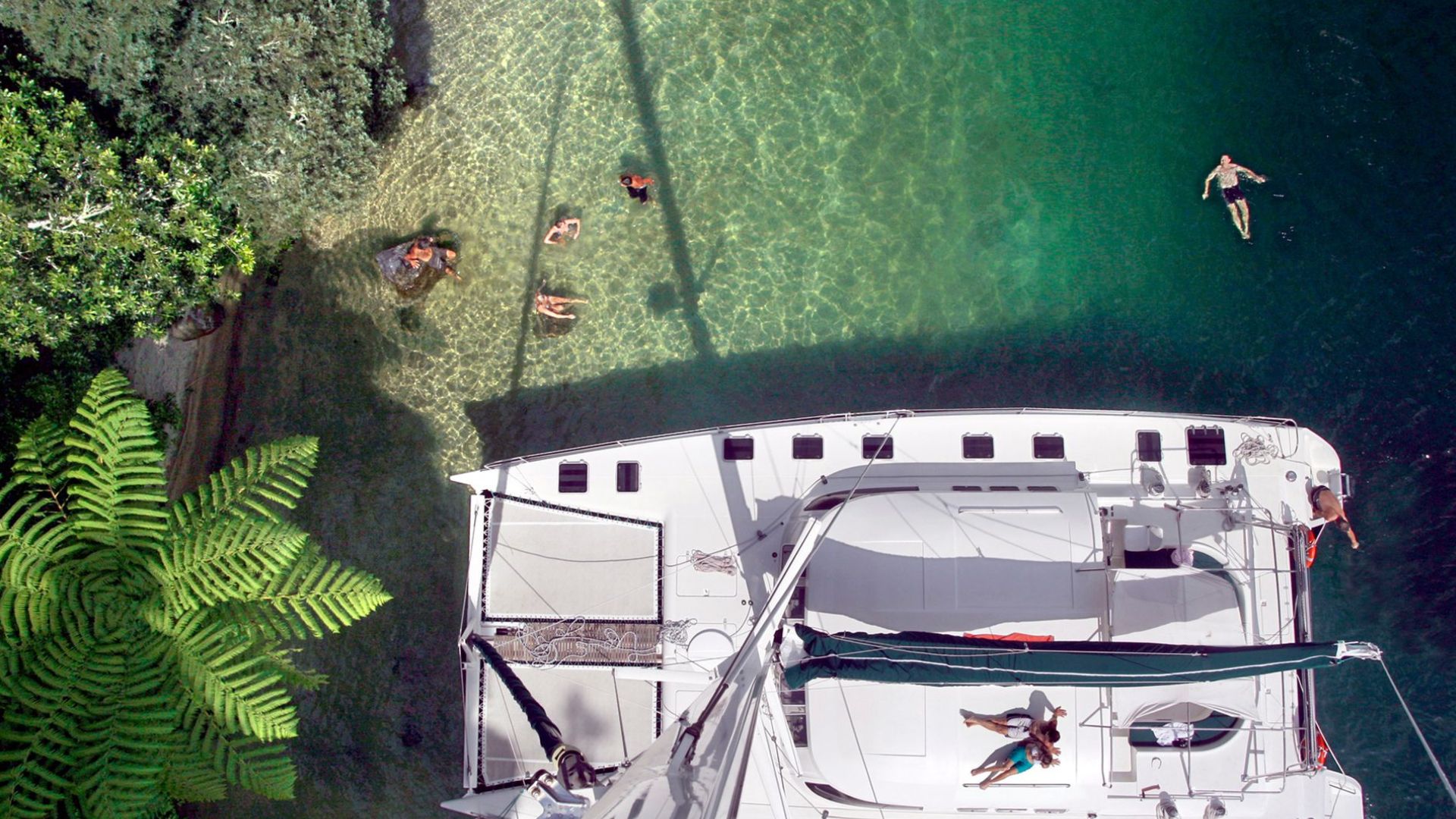 Catamaran cruise on Lake Rotorua with lush forest backdrop