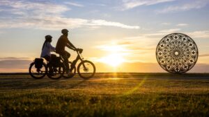Cyclists riding along Napier’s waterfront at sunset with Art Deco sculpture