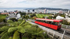 Wellington Cable Car travelling up Kelburn Hill with harbour views