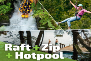 Okere Zip Raft Hotpool Woman Ziplining People Get In Hotpool