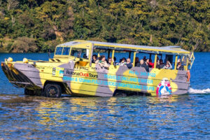 Rotorua City And Lakes Tour Duck Boat Drives Out Of The Water